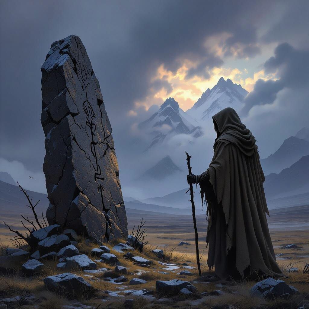 Druid Silhouette at Ancient Dolmen, Dark Fantasy Style