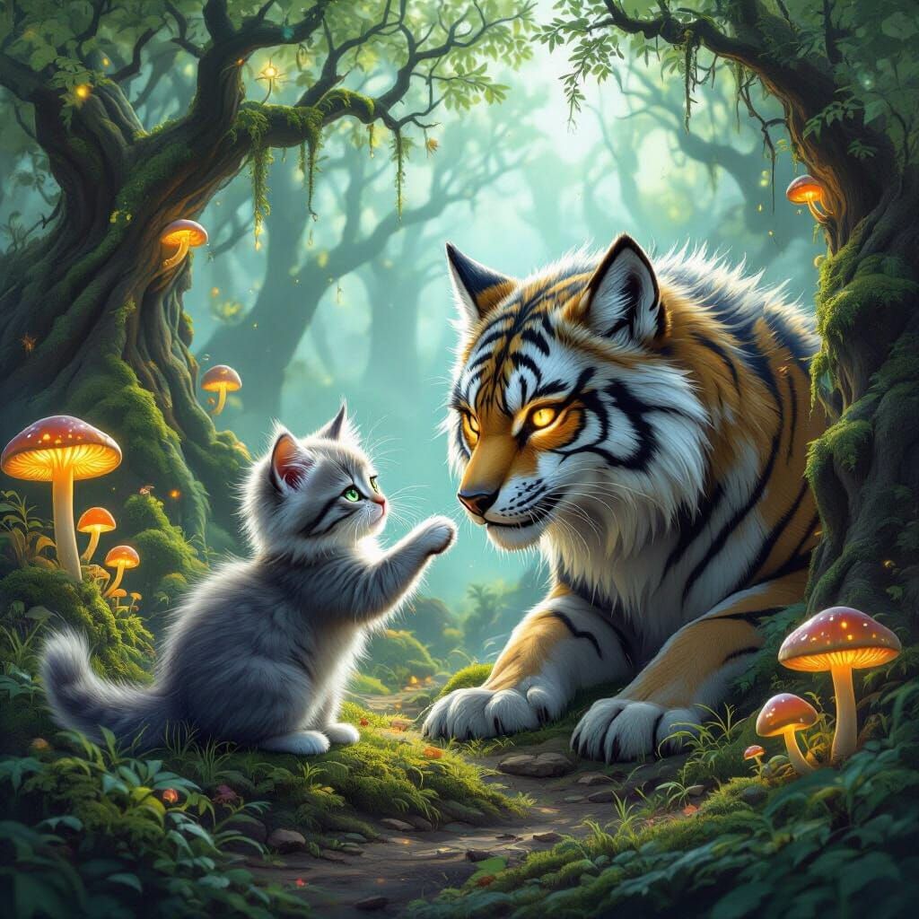 Fluffy Kitten and Wolf-Tiger Hybrid in Enchanted Forest