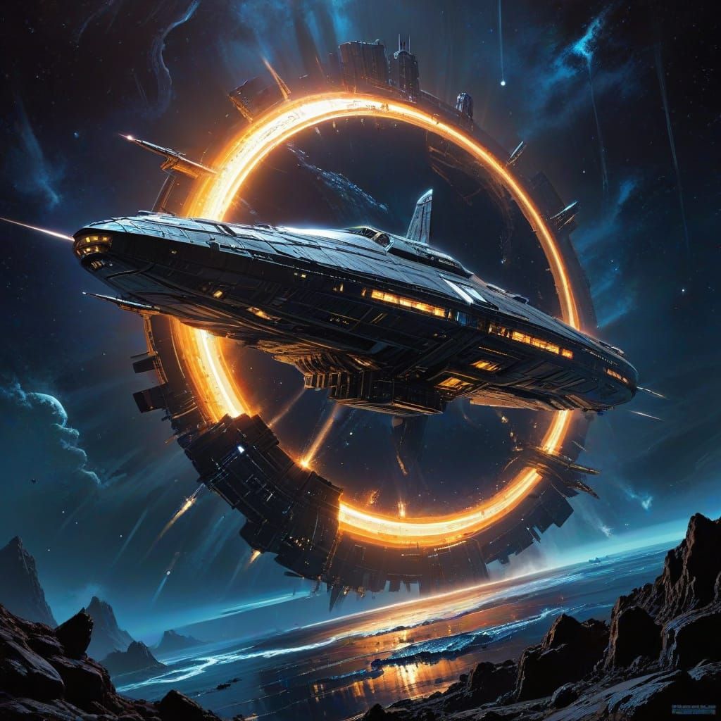 Sleek Privateer Spacecraft Approaches Radiant Stargate