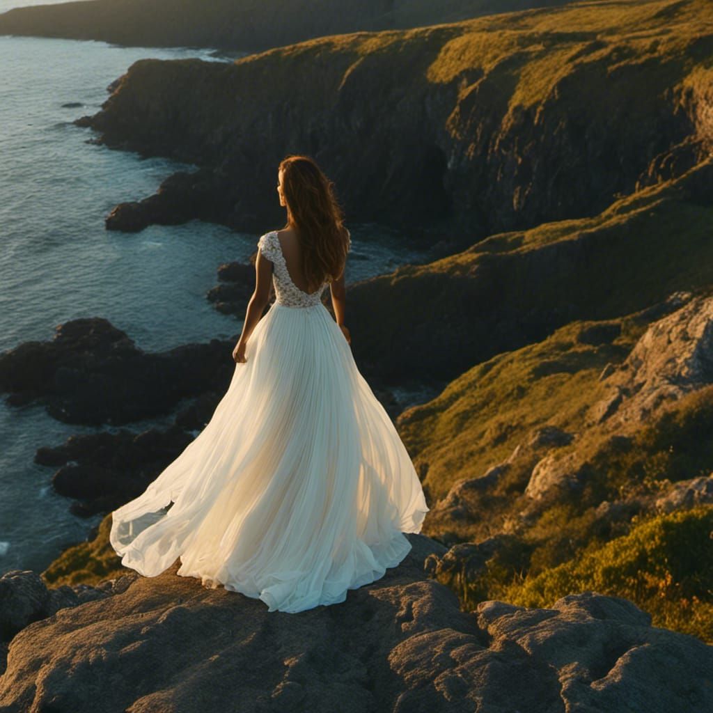 Romantic Woman on Cliff in Flowing Dress