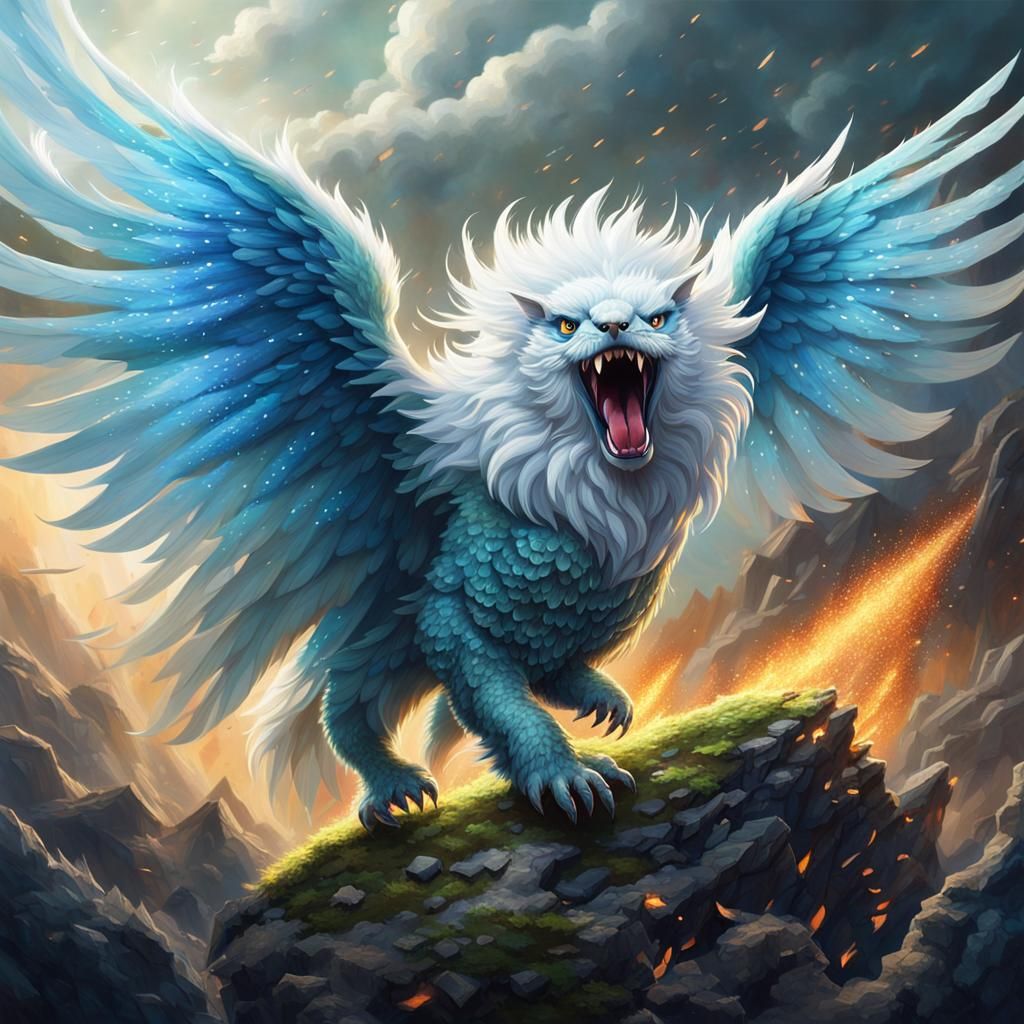 Mythical Winged Creature Roaring on Battlefield