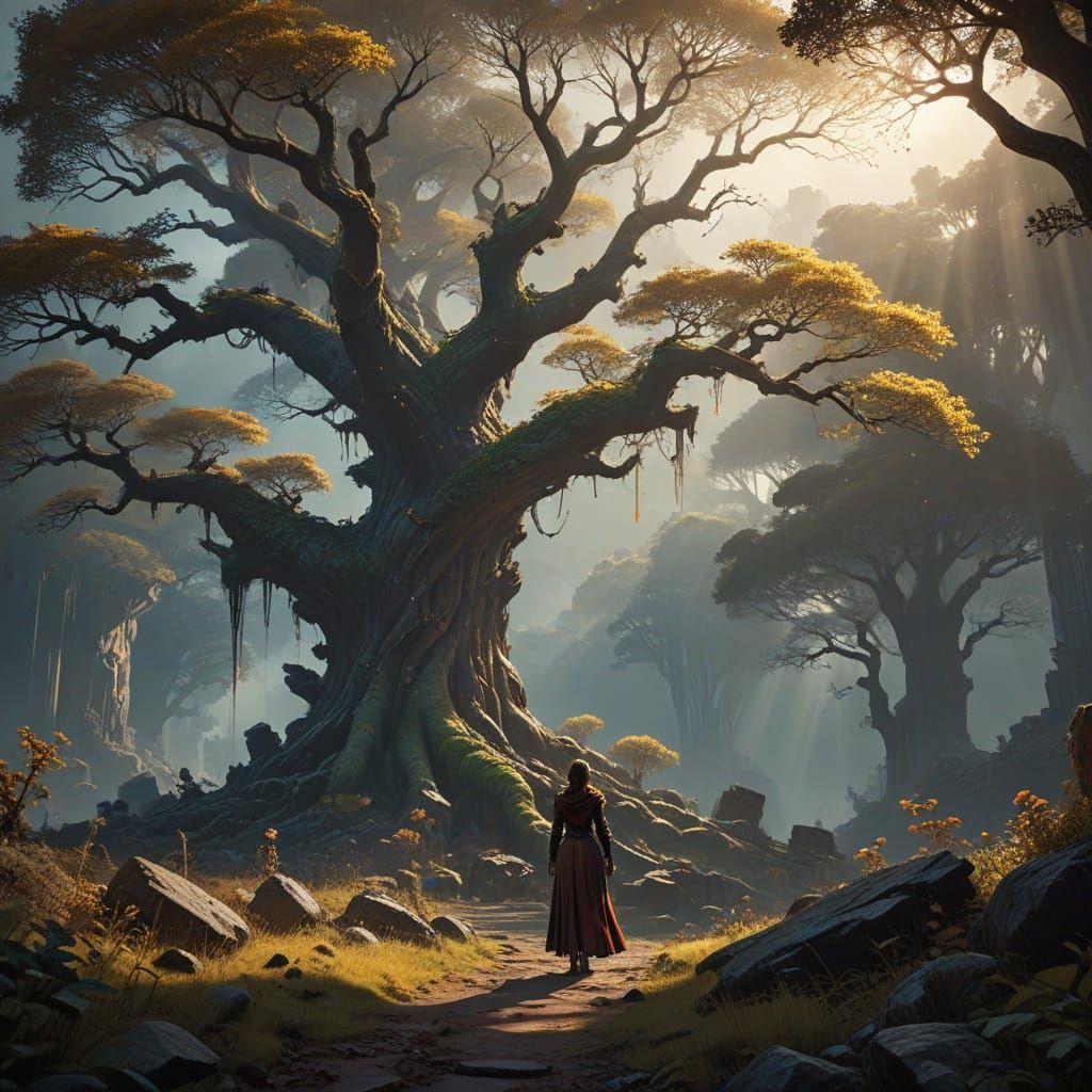 Whimsical Dreamscapes: Ancient Trees Enshroud Lone Heroine