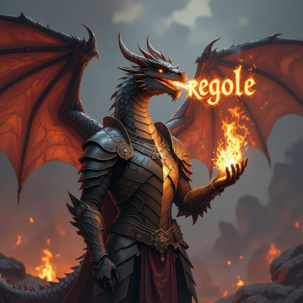 Majestic Armored Dragon Breaths Fiery Word Art