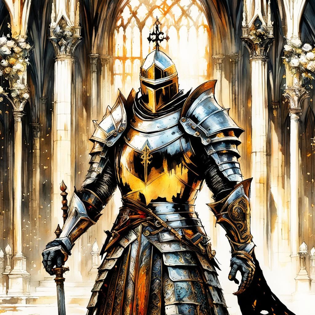 Gothic Knight Praying in Cathedral: Watercolor Art