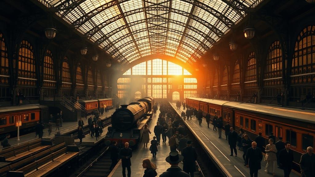 Grand Railway Station with Steam Engine, Cinematic Lighting