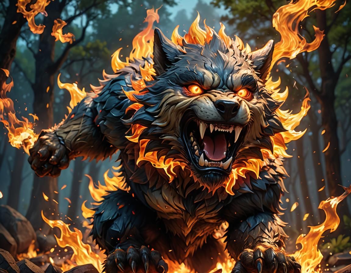 Fiery Chibi Werewolf Roaring in Anime Style
