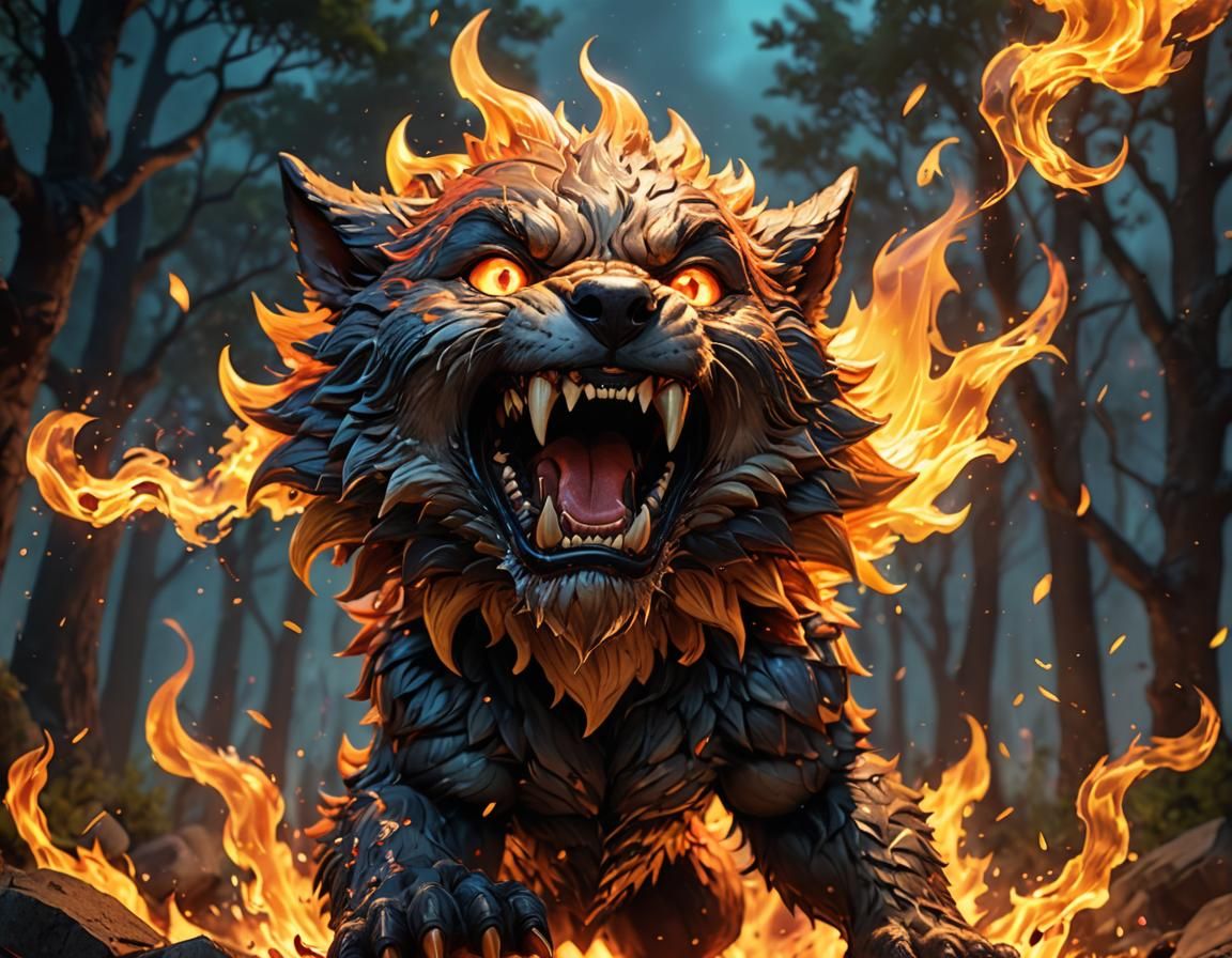 Fiery Werewolf Roaring in Chibi Anime Style