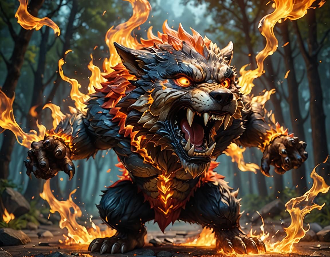 Fiery Werewolf Roaring in Chibi Anime Style