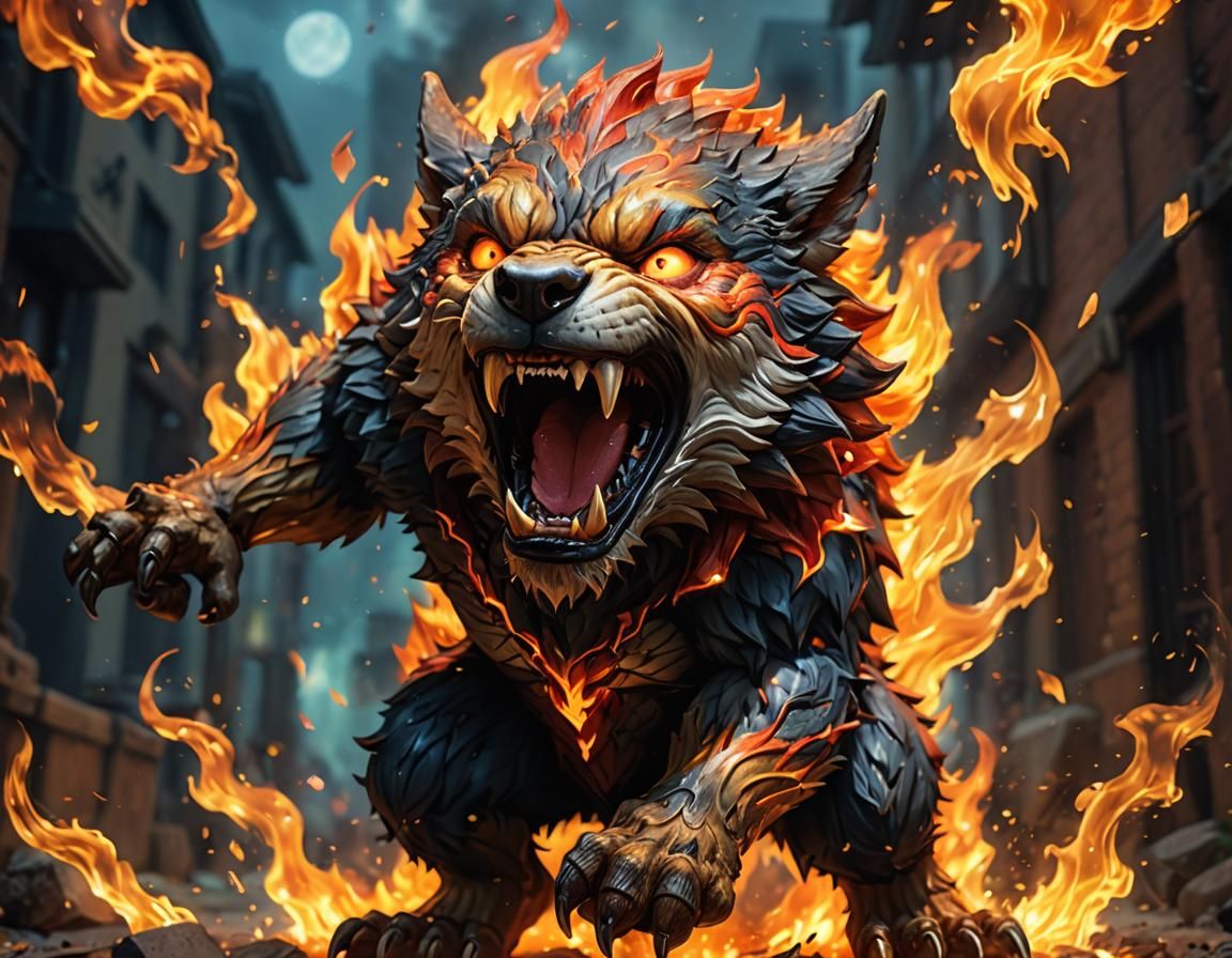 Fiery Chibi Werewolf Roaring in Anime Style