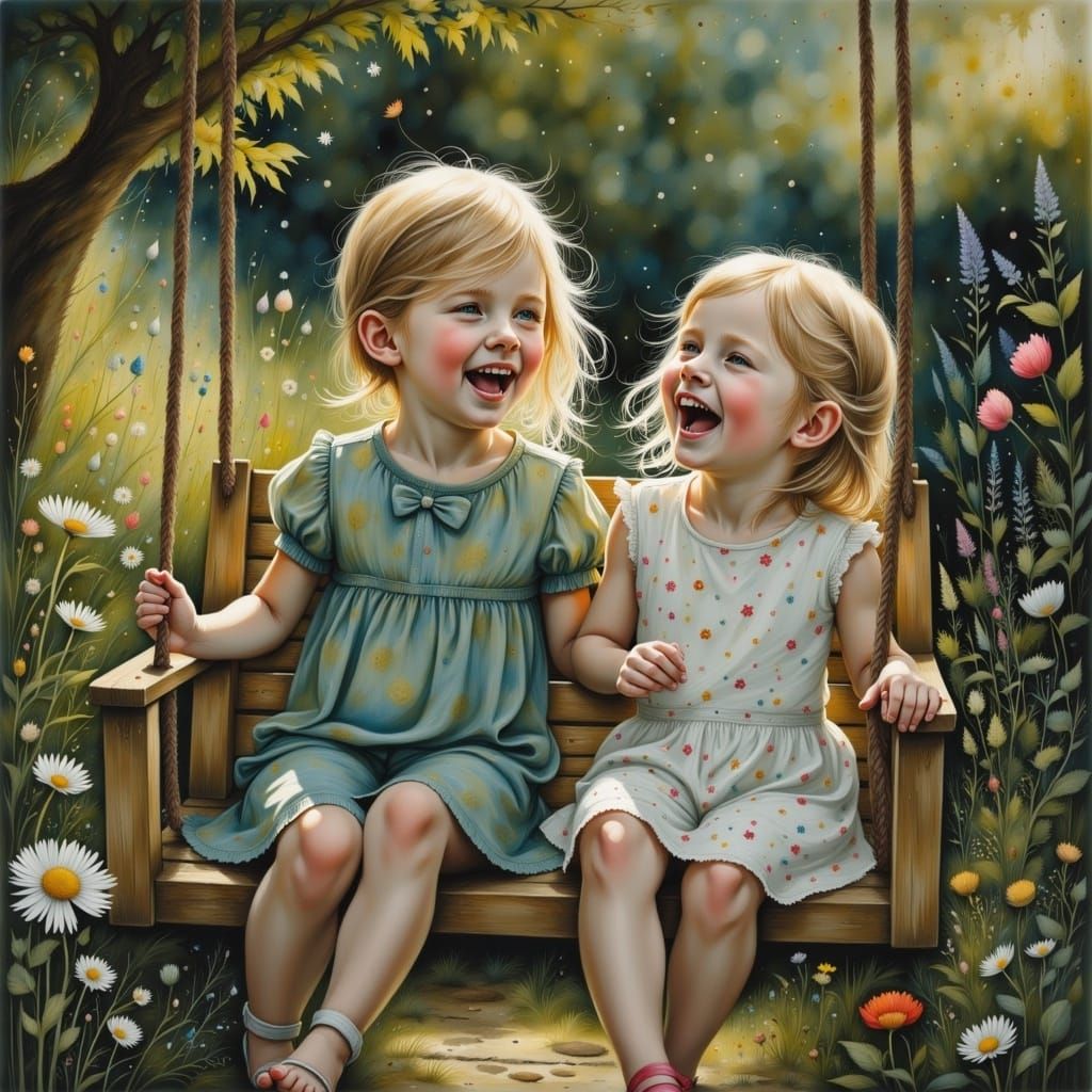 Siblings' Laughter in Evening Light: Hyperrealistic Splash A...