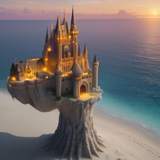 Sunset Beach: Girl Builds Sandcastles in Fantasy Art