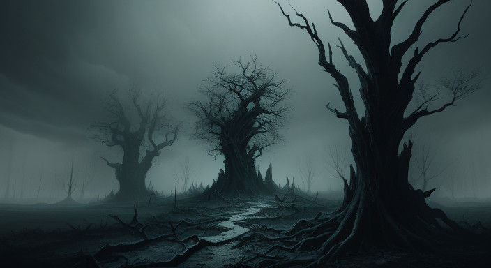 Haunting Dark Fantasy Figure in Desolate Post-Apocalyptic La...