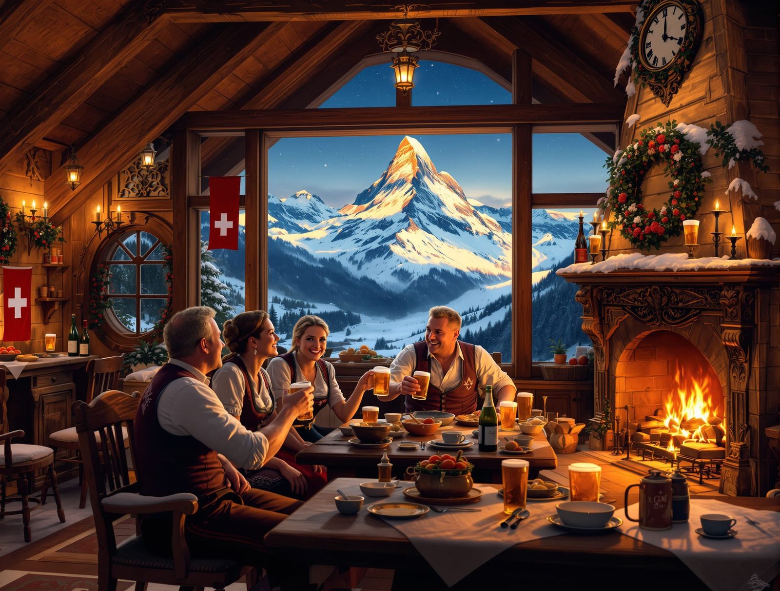 Cozy Swiss Gasthaus in Snowy Alps, Digital Art