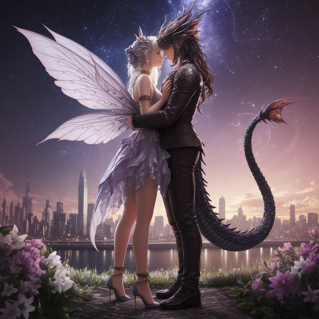 Ethereal Anime Couple Under Starry Cityscape