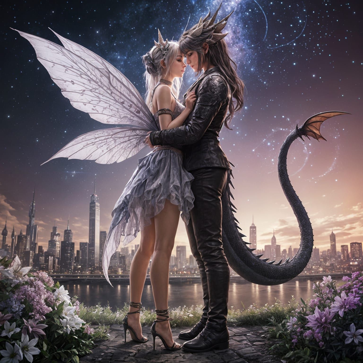 Starry Night Cityscape Fairy and Dragon Embrace