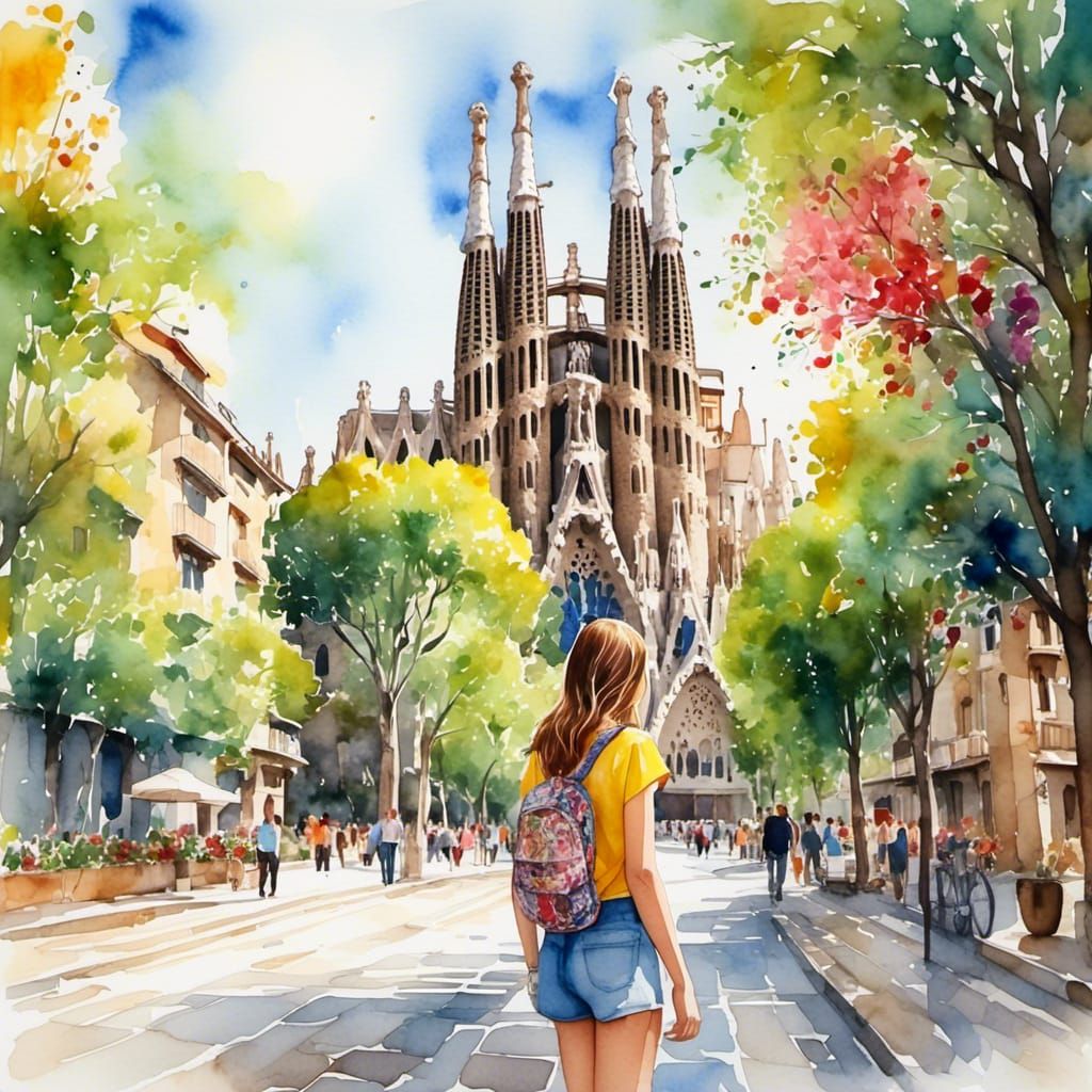 Barcelona Walk: Teenage Girl in Watercolor Style