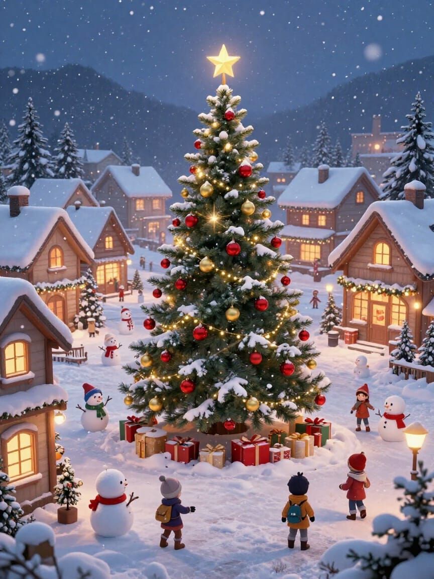 Charming Snow Village at Twilight with Festive Christmas Spi...