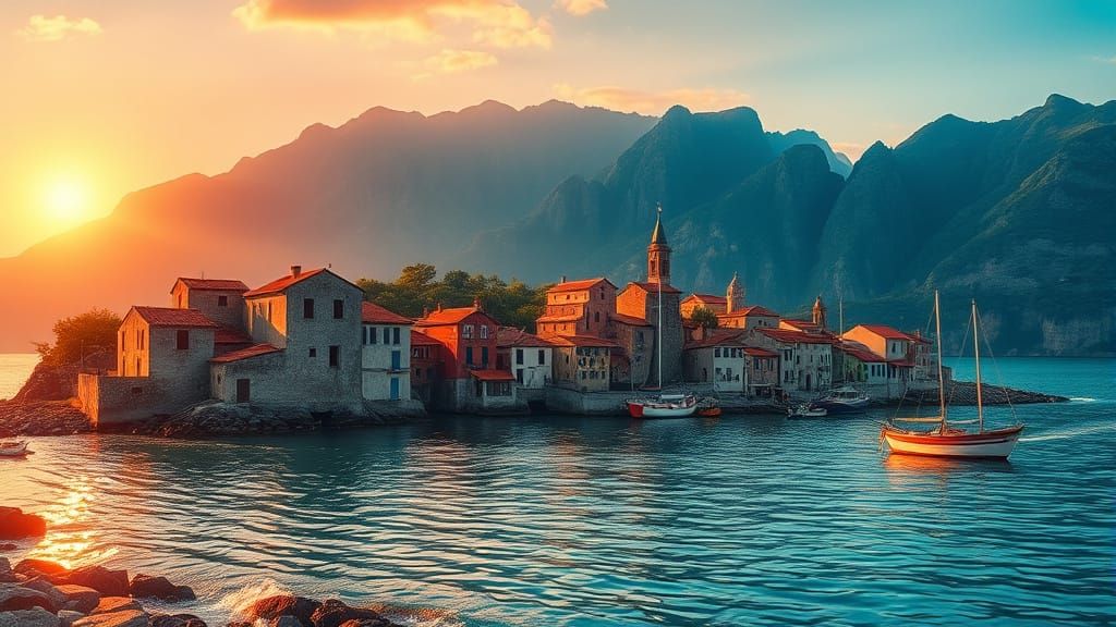 Tranquil Seaside Village at Sunrise: An Oil Painting