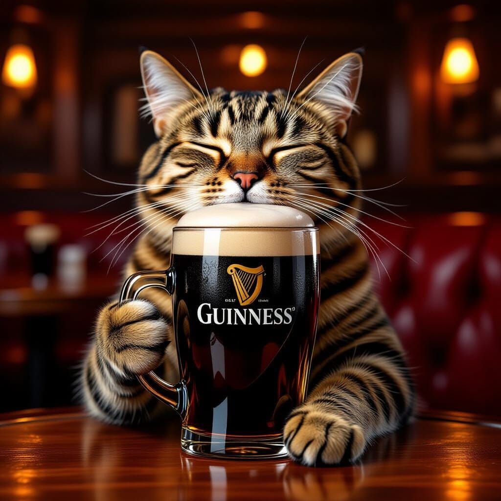 Contented Cat Enjoys Guinness in Cozy Pub