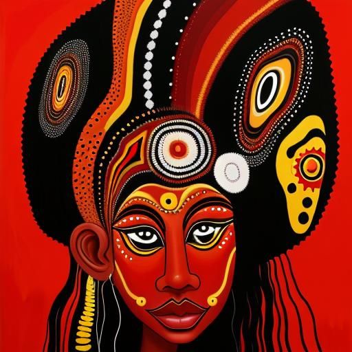 Red Aboriginal Surrealist Faces in Oil Painting