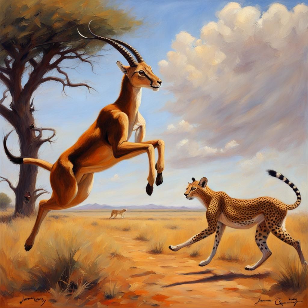 Giant Gazelle Chasing Cheetah: Oil Painting