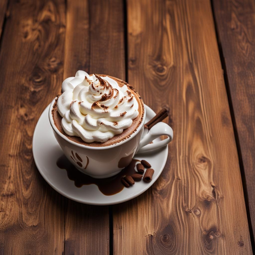 Mocha with Whipped Cream on Wooden Table