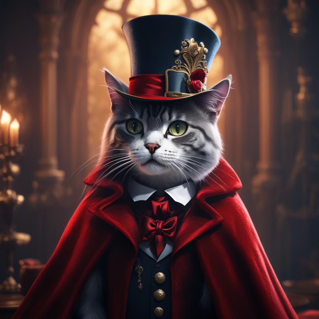 cat wearing a red velvet cape and top hat with white gloves