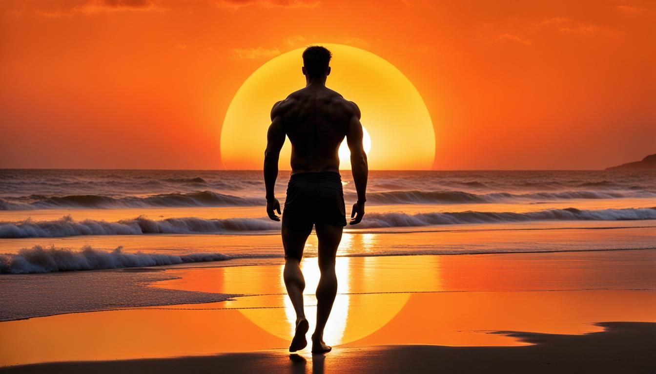 Silhouette Man at Beach Sunset in Dynamic Digital Art