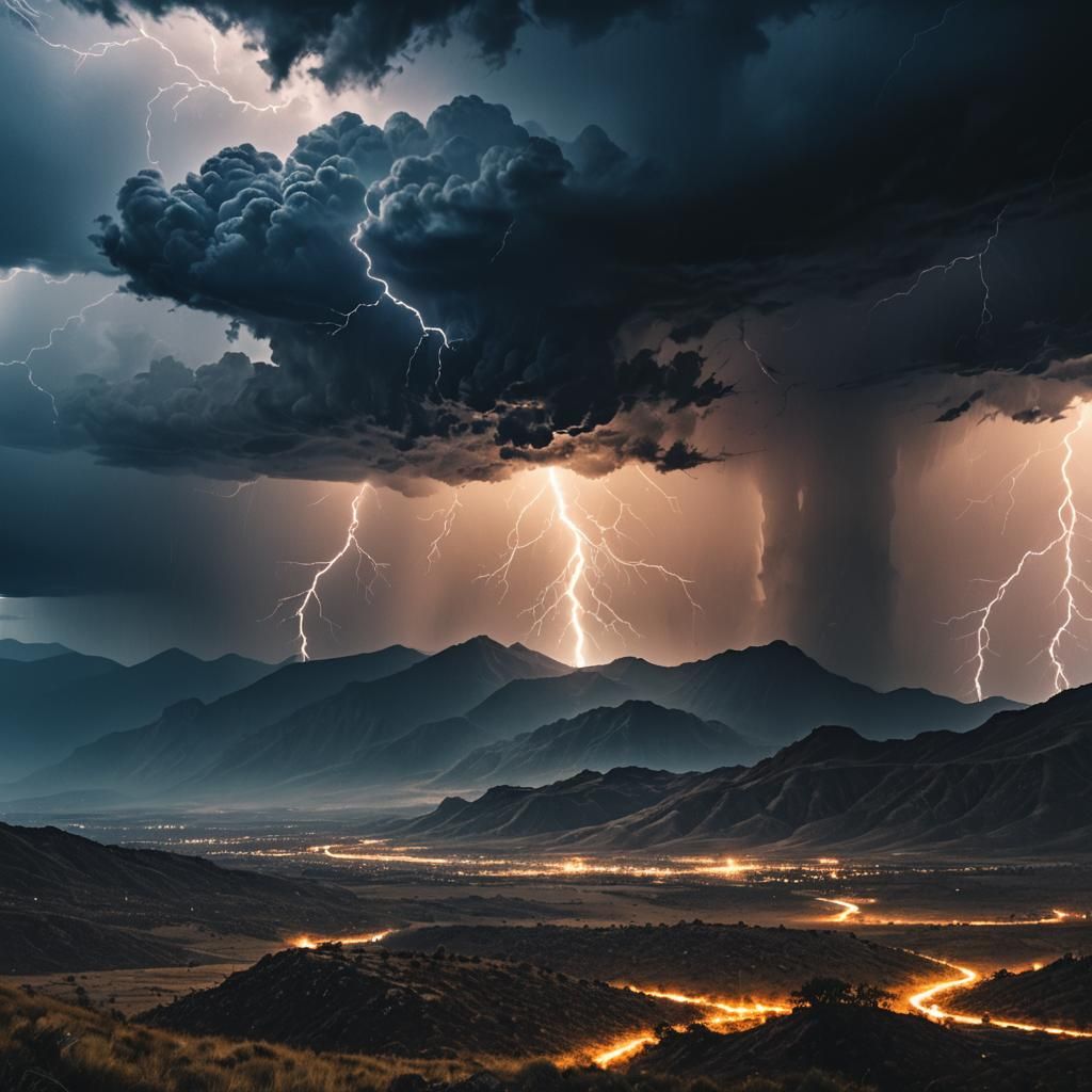 Dramatic Lightning Storm Over Rugged Landscape