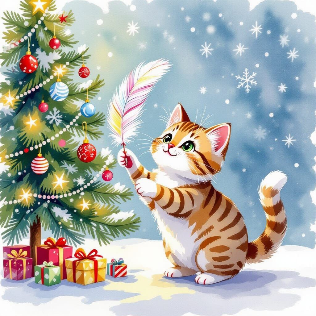 Cute Cat Plays with Feather by Christmas Tree in Watercolor