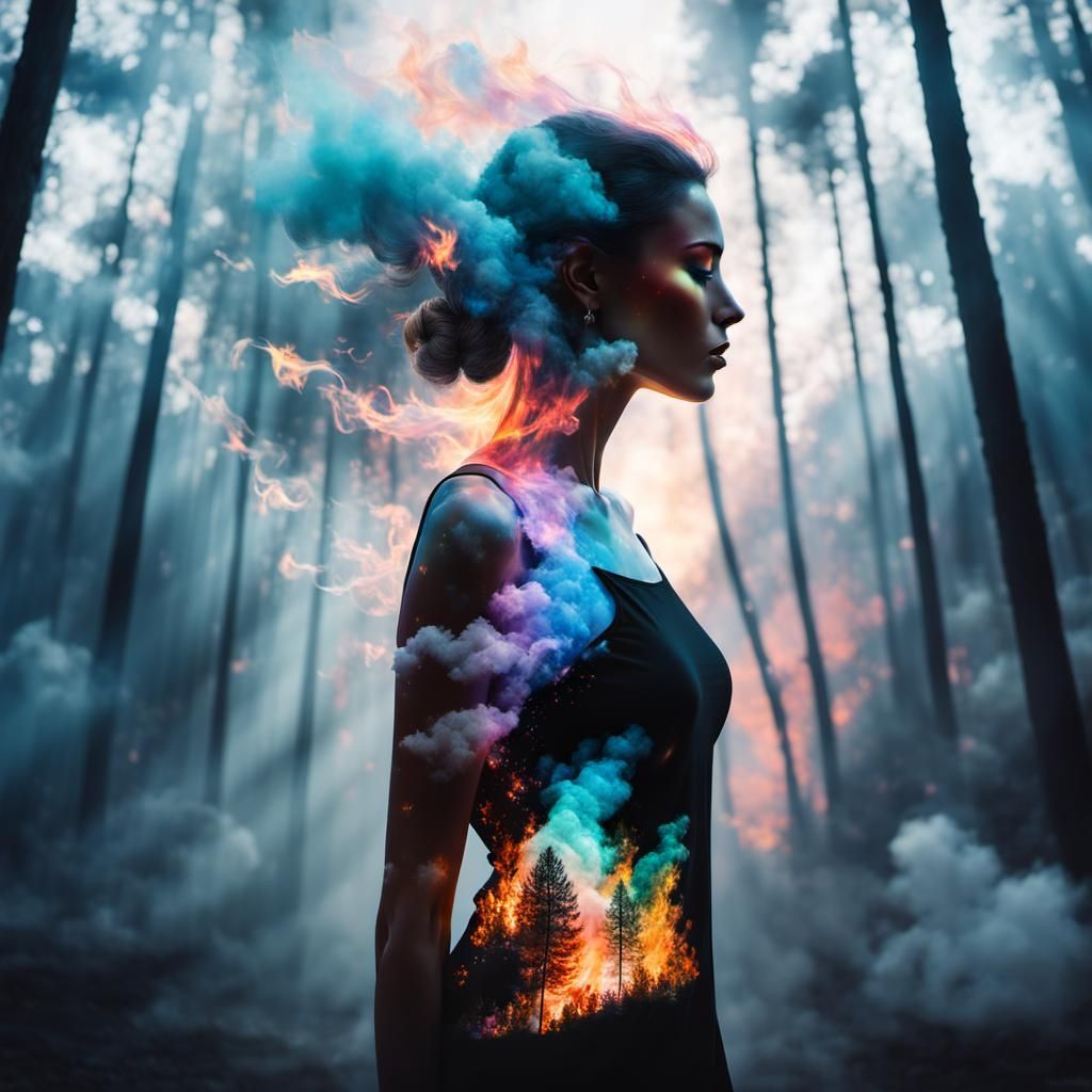 Dreamy Double Exposure: Fire, Heaven, and Girl