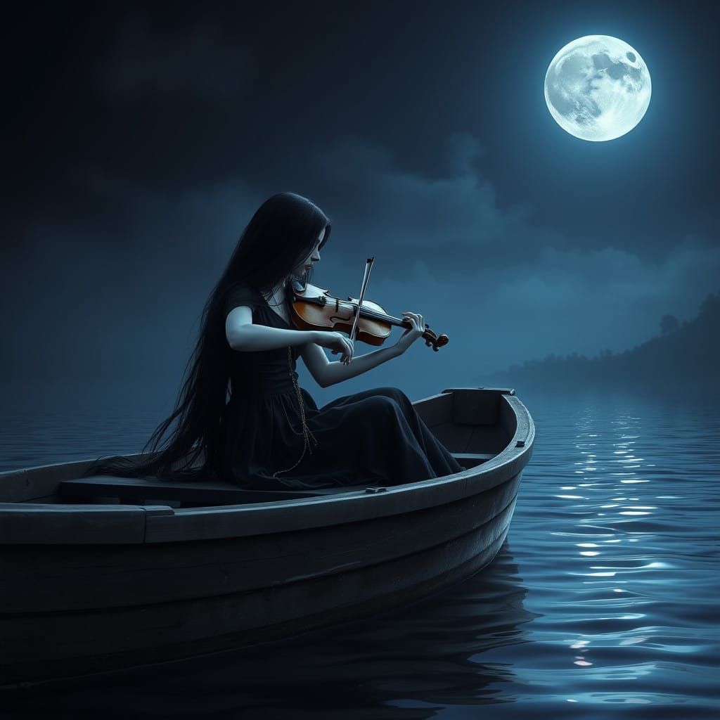 Enigmatic Violinist in a Dreamlike Lake Scene