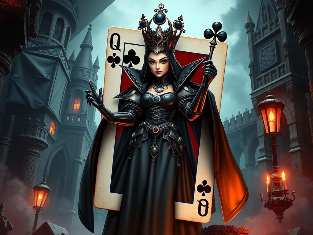 Card game: The Queen of Clubs in black metal steampunk.