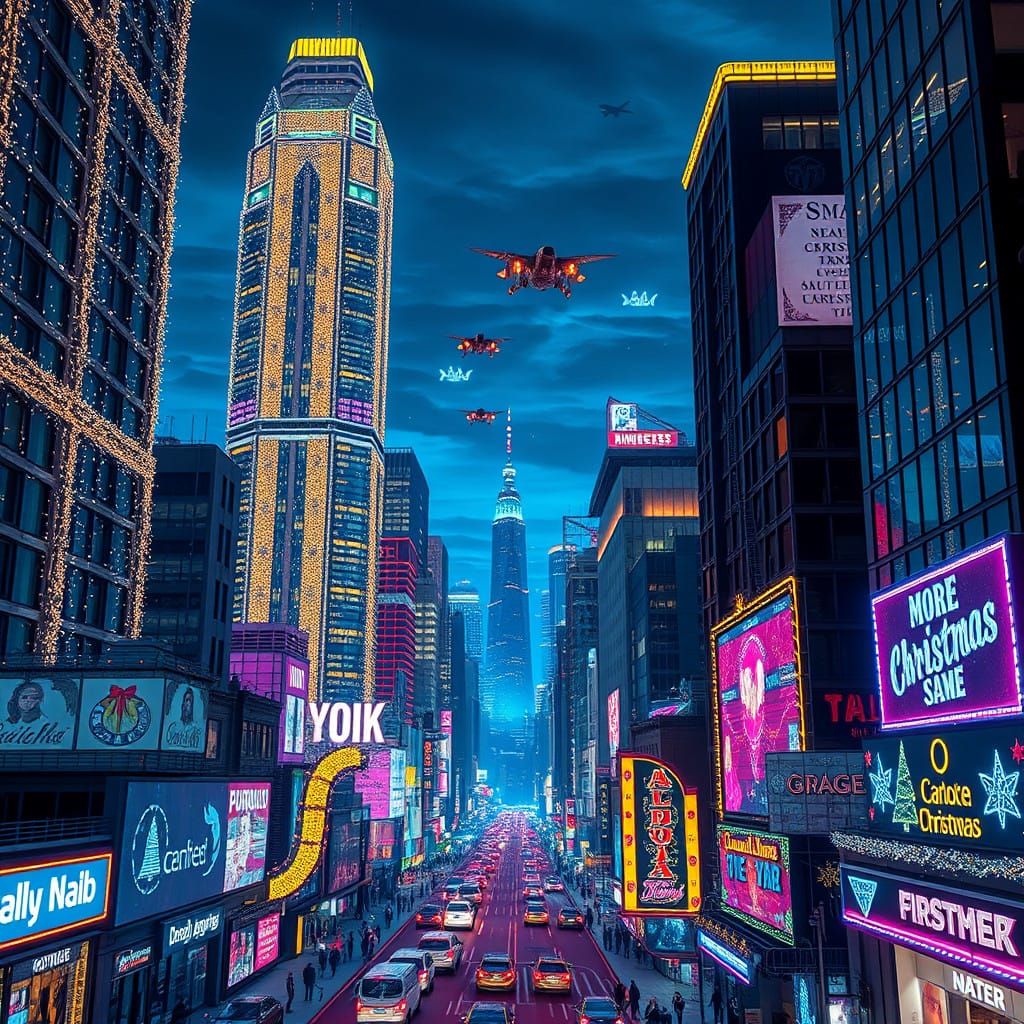 Futuristic Cityscape Aglow with Holographic Christmas Lights