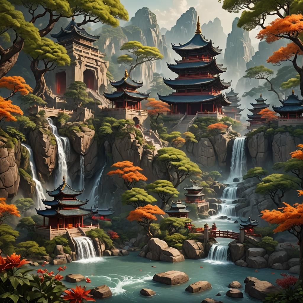 Hidden Mountain Temple with Shaolin Monks: Fantasy Art