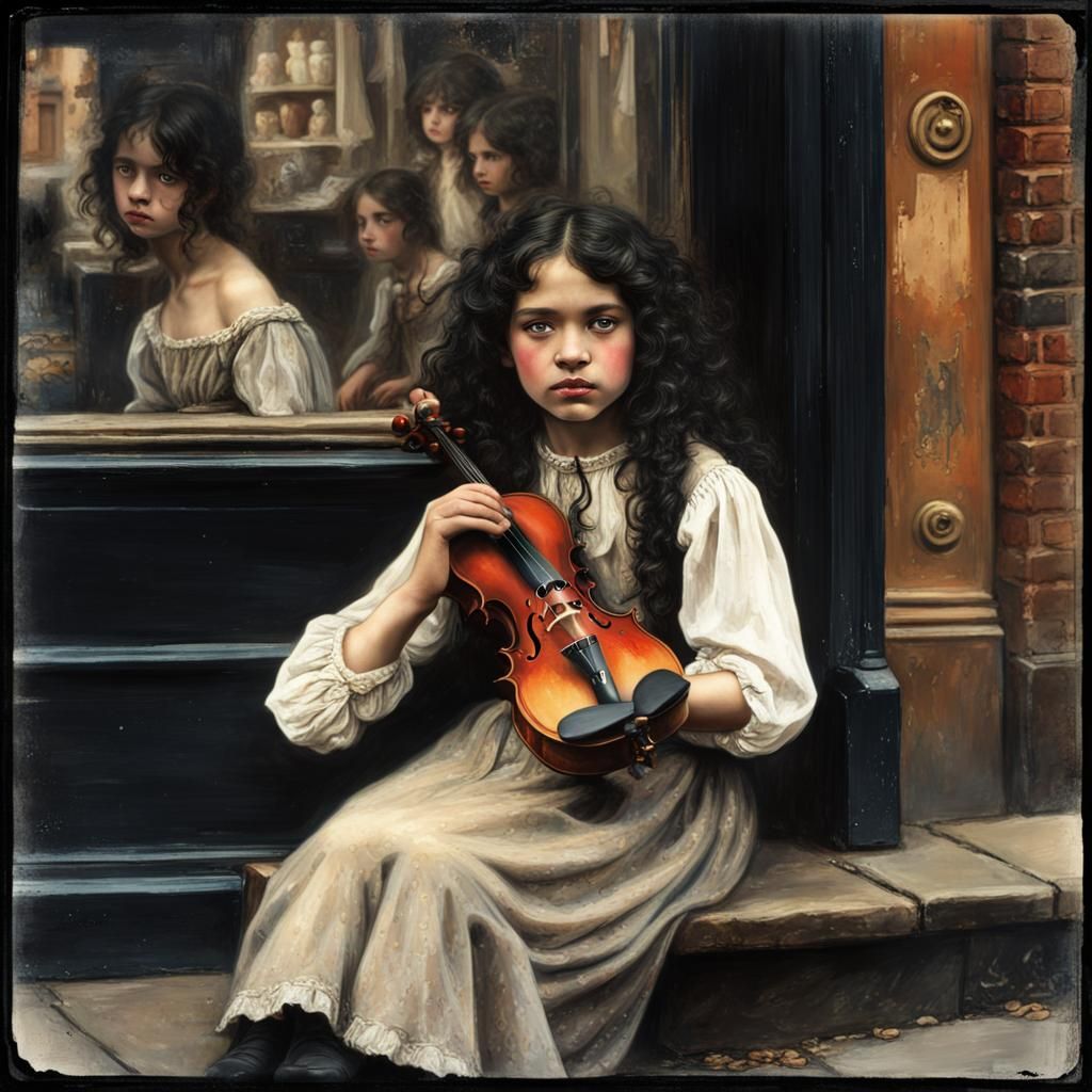 Victorian Gypsy Girl with Violin Portrait