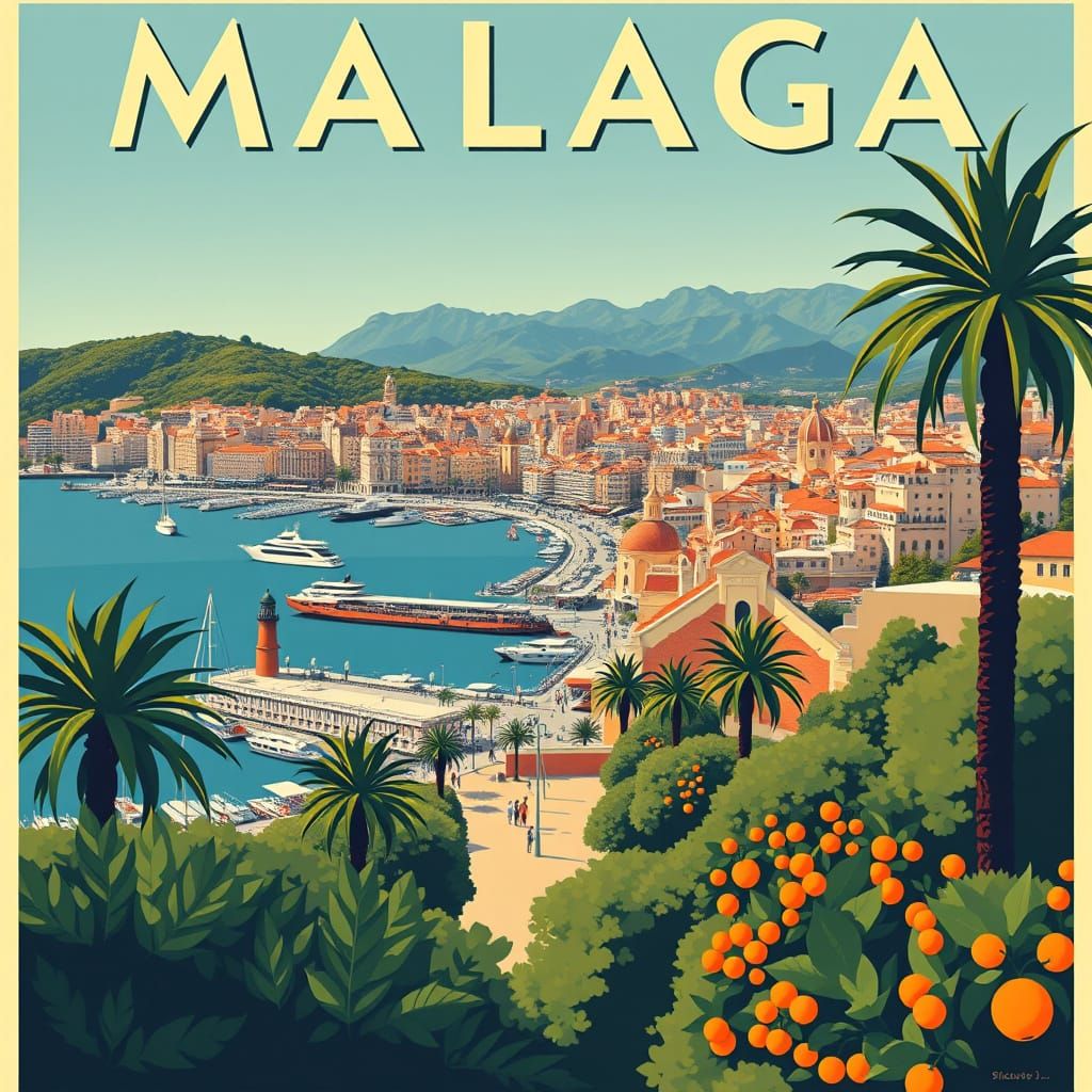 Malaga, Spain: Vintage Travel Poster in Art Deco Style