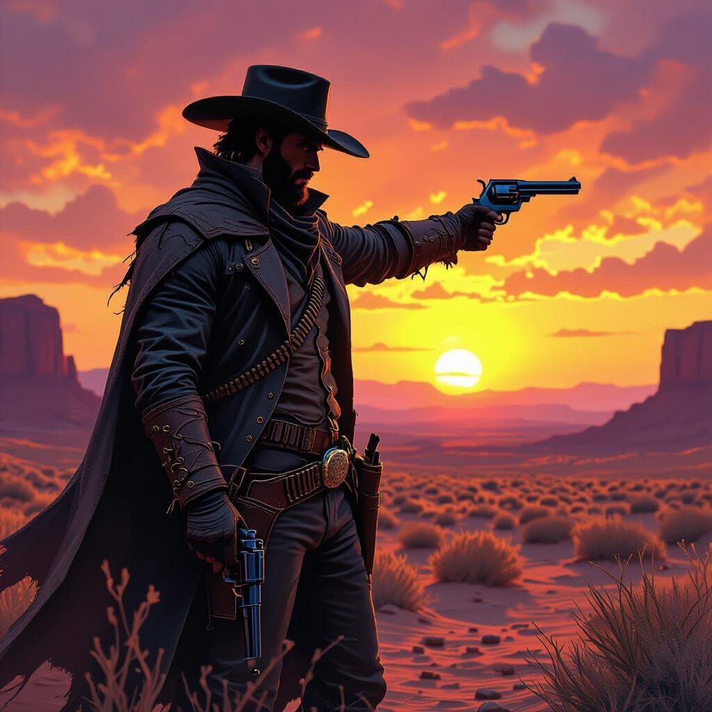 Gunslinger Silhouette at Sunset in Dark Fantasy Style