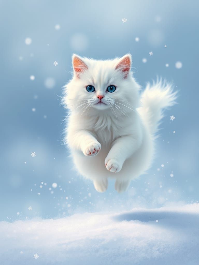 White Persian Cat Leaping in Snowy Winter Scene