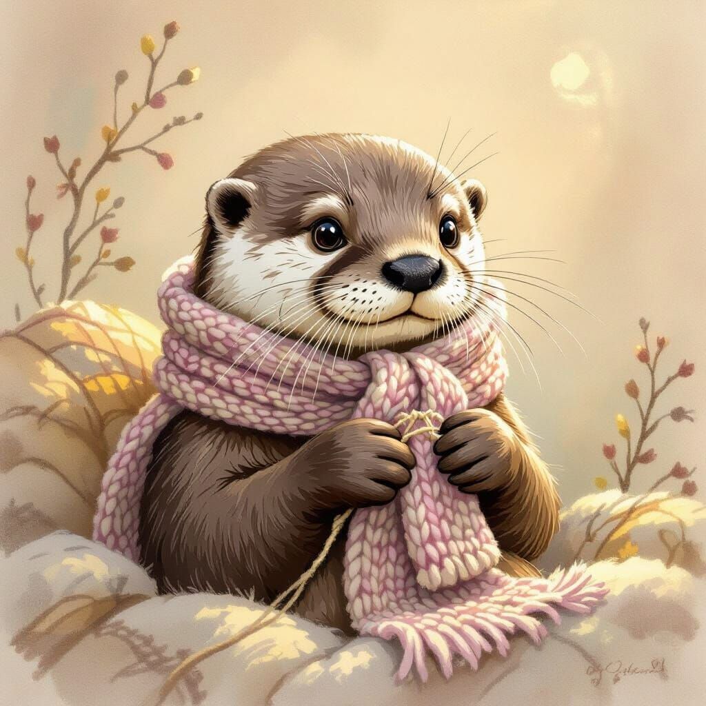 Whimsical Otter Knitting a Scarf in Beatrix Potter Style