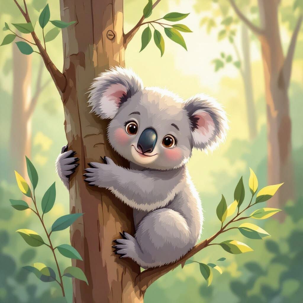 Adorable Koala Hugs Eucalyptus Tree in Children's Book Style