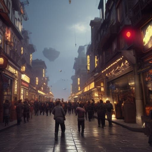 Busy Street Scene with Volumetric Lighting