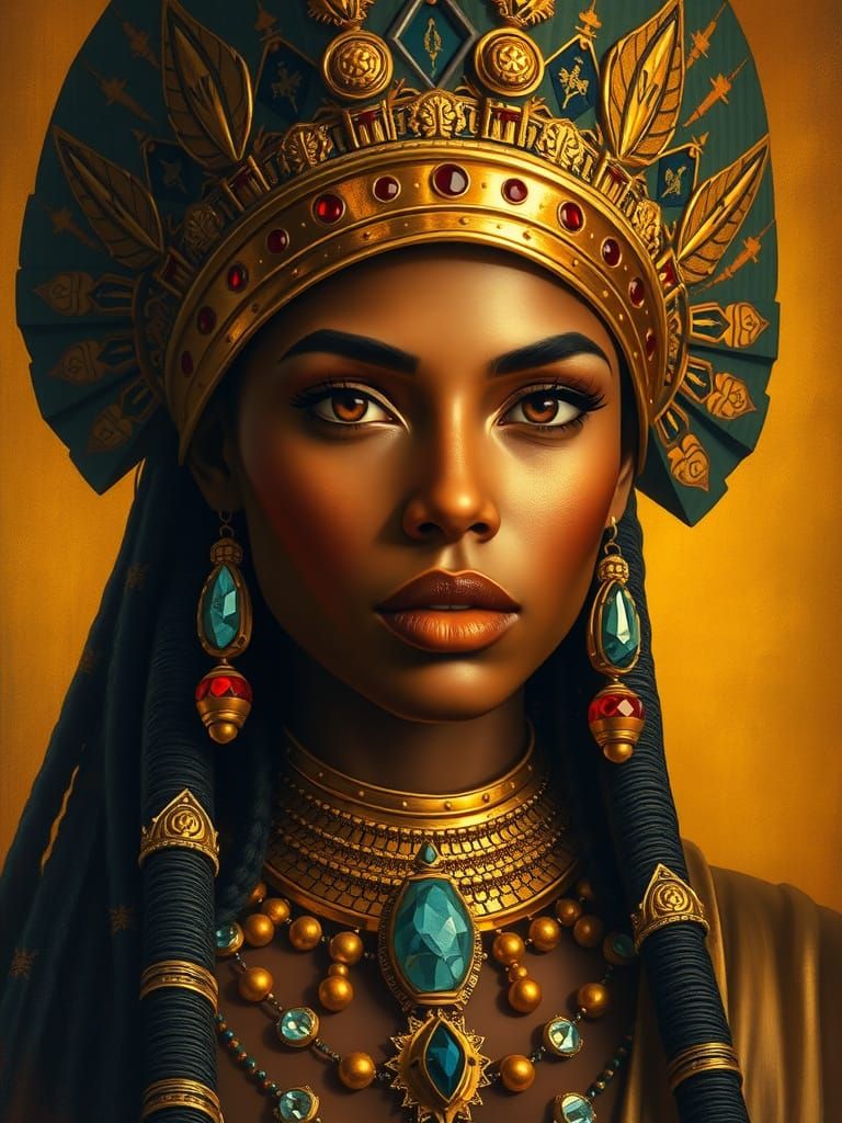 Regal Portrait of Ebony Queen in Golden Turban