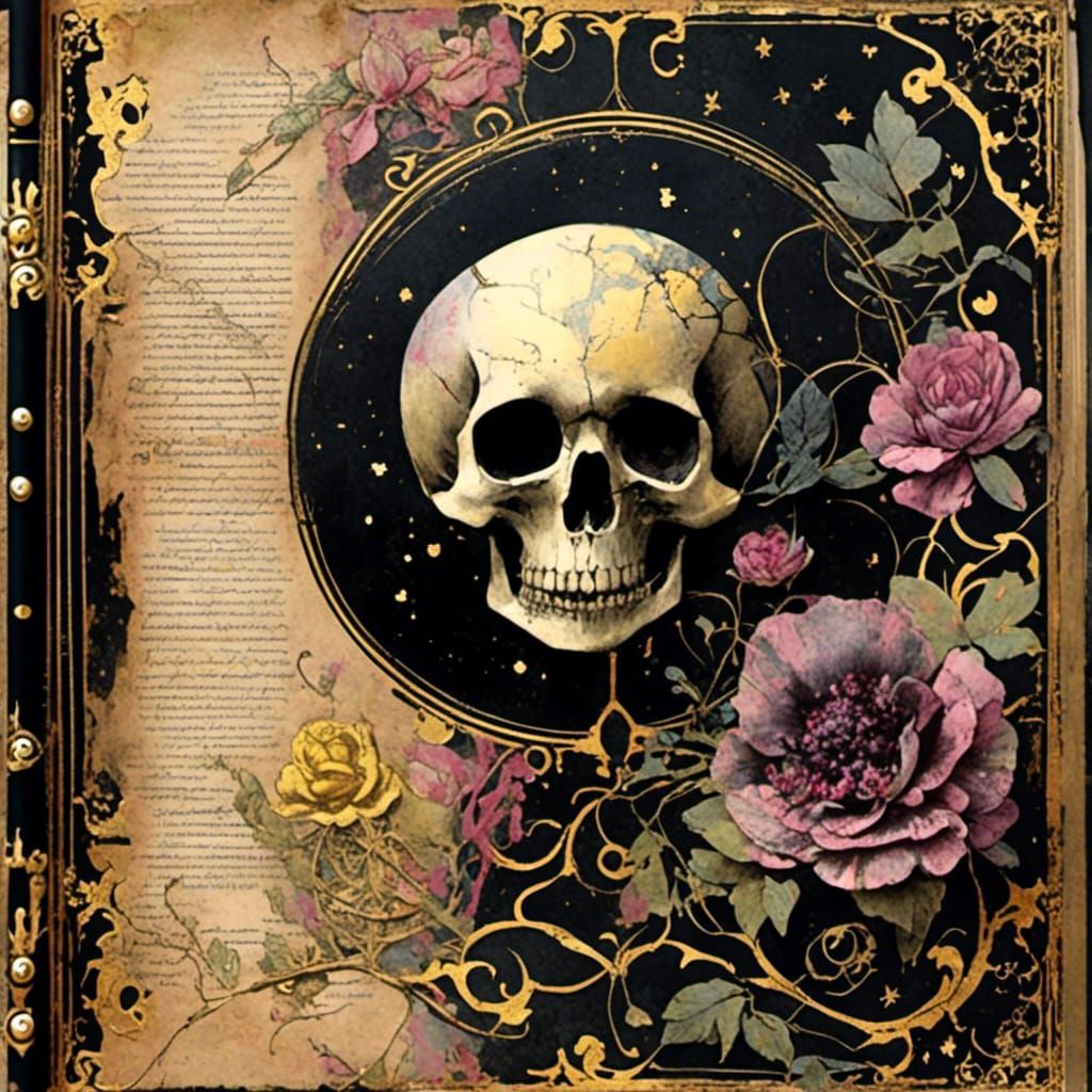 Vintage Journal Page with Roses, Skulls, and Art Nouveau
