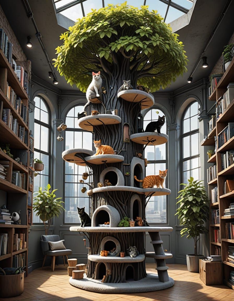 Ethereal Cat Tree Megastructure Rises in Fantasy Metropolis