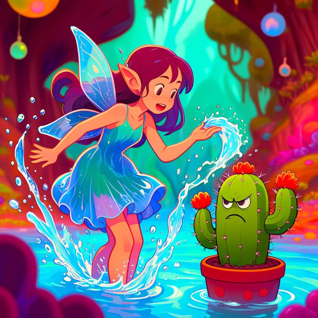 Joyful Water Spirit Girl Splashes Grumpy Cactus to Laughter