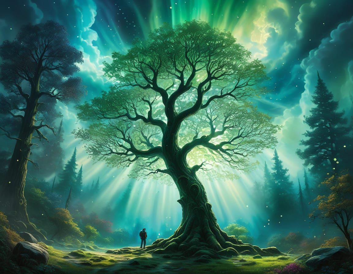 **Three-eyed aurora **poplar tree graffiti art, splash art, street art, spray paint, oil gouache melting, acrylic, high ...