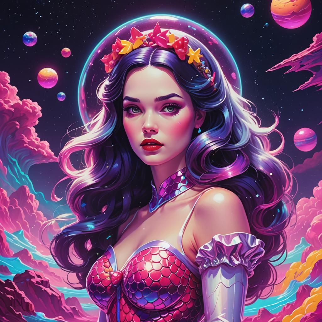 Snow White Space Mermaid in Synthwave Neon