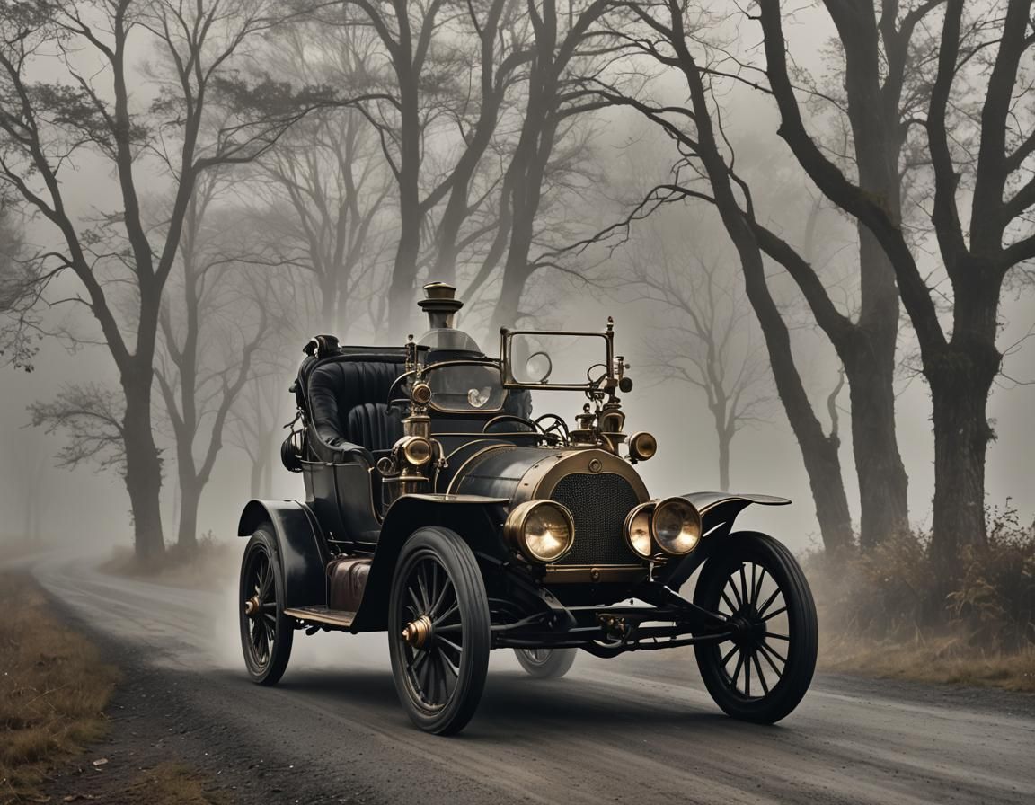 Steampunk Car on Foggy Road at Night
