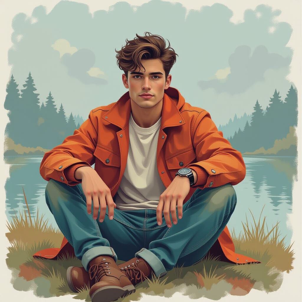 Young Man in Serene Landscape: Digital Art